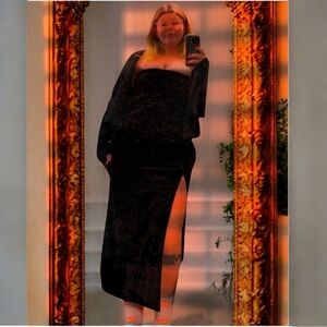 ACT 111 Vintage 90s Velvet Stretchy Strapless Bandeau Side Slit Midi Dress Black